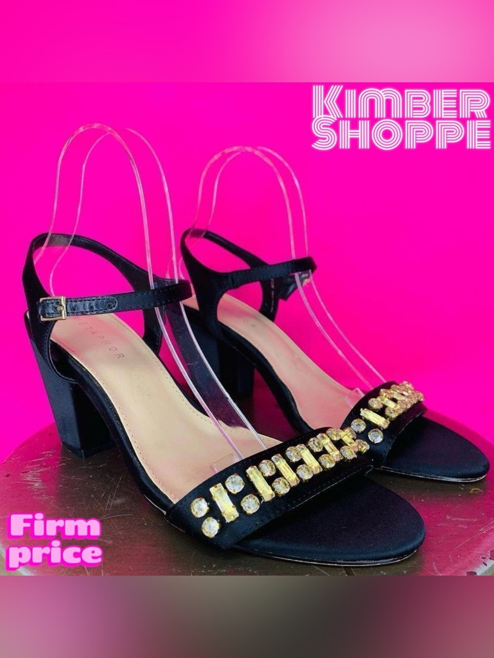 Metaphor Sesha Black Satin Jewel Open Toe Heeled Dress Sandals US 9.5